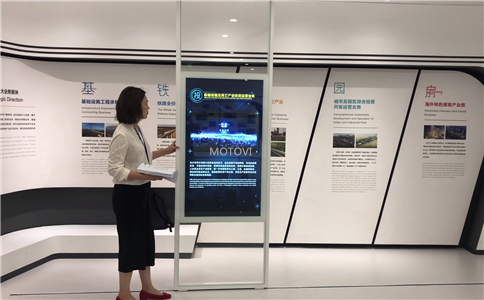 展厅中参观者手推滑轨屏_轻松了解展项相关