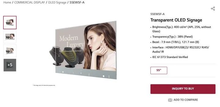 LG 面向商用市场推出的 55 英寸透明 OLED 屏。图片来自：LG